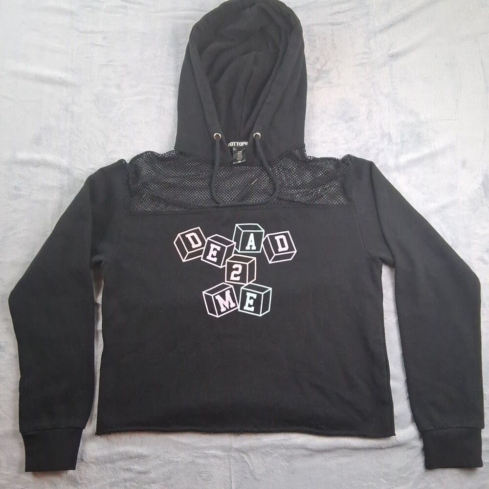 Hot Topic Dead 2 Me Cropped Hoodie Womens Small Black Mesh Fishnet Yoke Emo Goth